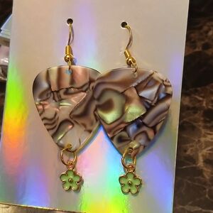 Heart Shaped Abalone-Style Dangle Earrings with Green Flower Charm